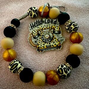 Handmade 10in Leopard Phone Silicone Beaded Keychain
